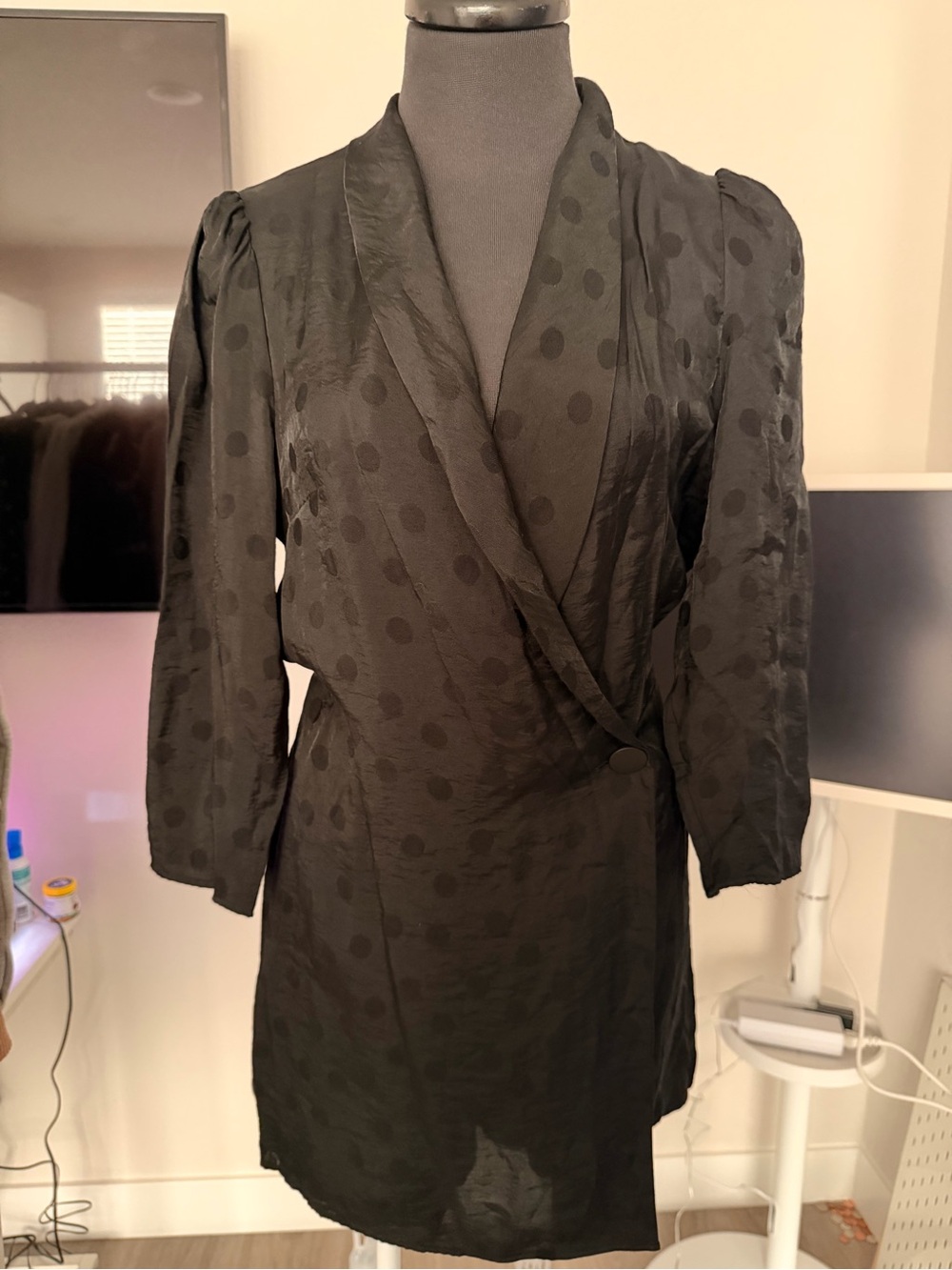 Zara Black Polka Dot Long Sleeve Wrap Romper
